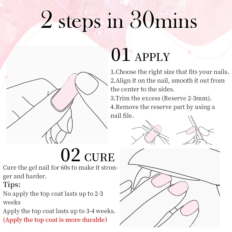 20Tips Gradient French Semi-cured Gel Nail Sticker UV Lamp Needed Full Cover Nail Gel Polish Wraps Manicure Press on Nails Decal
