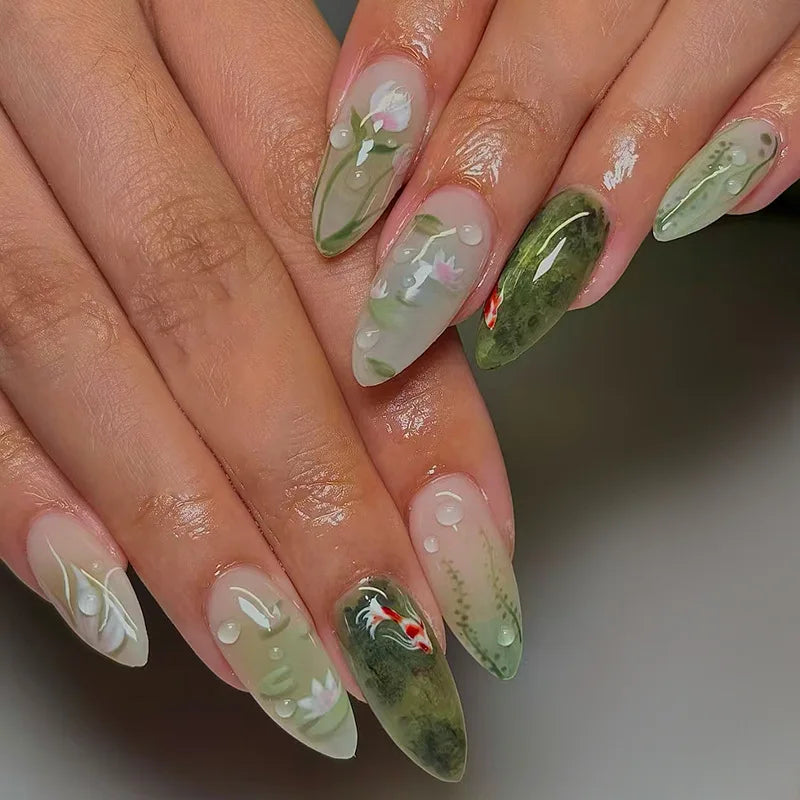 24pcs Glossy Almond False Nails Dark Green Forest Mushroom Pattern Press On Nails Gold Sequins French Style Wearable Fake Nail