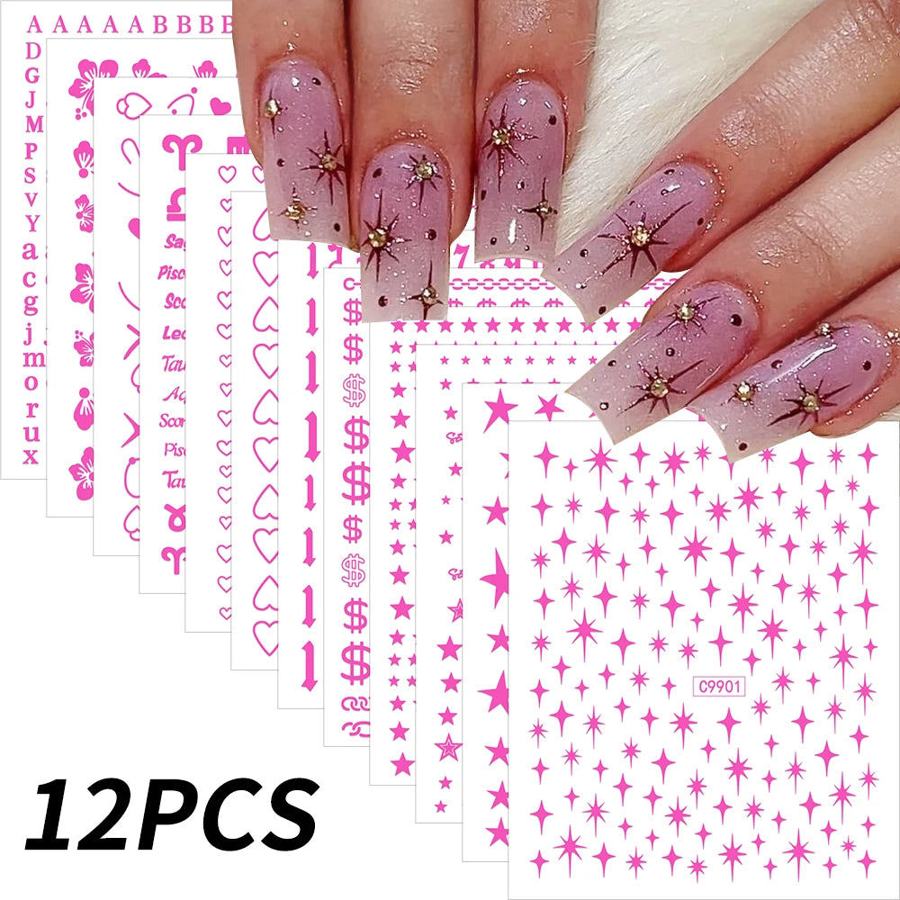 12pcs Bronzing Laser Star Nail Stickers 3D Alphabet/Heart/Flower Nail Art Self-Adhesive Sliders DIY Gradient Manicure Y2K Decals
