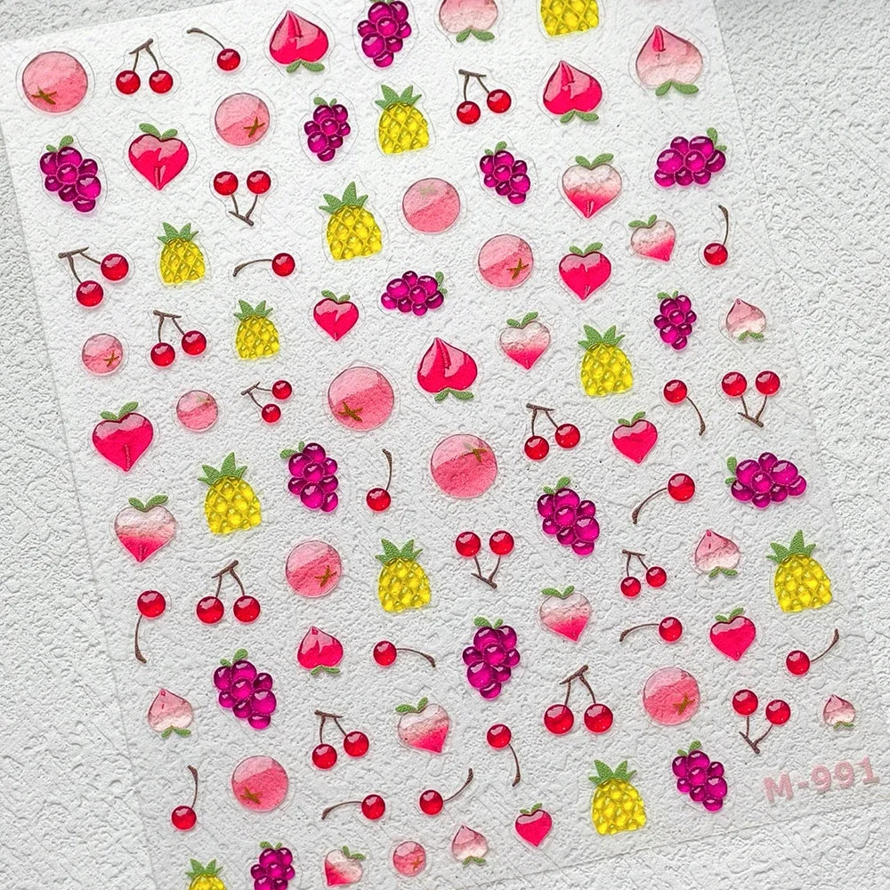 Cute Juicy Red Cherry Bowknot 5D Nail Art Stickers Lovely Shiny Crystal Rhinestone Self Adhesive Decoration Manicure Decal DIY
