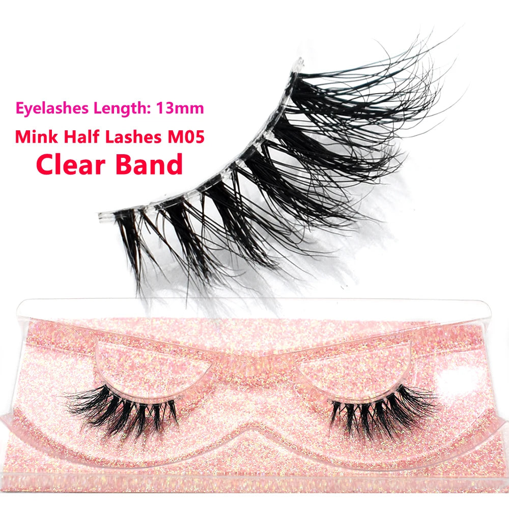 3D Mink Fluffy Half False Eyelashes Natural Soft Lightweight Clear Band Half Eye Strip Lashes Reusable Short Eyelashes Extension