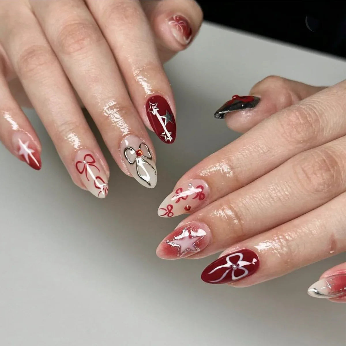 24PCS Wine Red Almond Press on Nails Cartoon Rabbit Bowknot with Plaid Pearl Designs French Fake Nails for Girls Detachable Nail