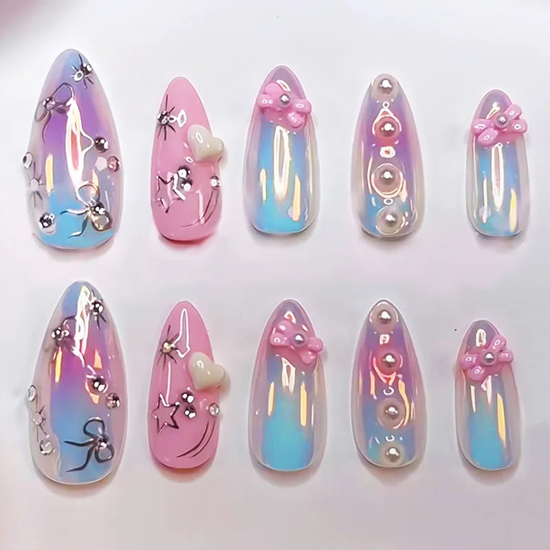 24PCS Wine Red Almond Press on Nails Cartoon Rabbit Bowknot with Plaid Pearl Designs French Fake Nails for Girls Detachable Nail
