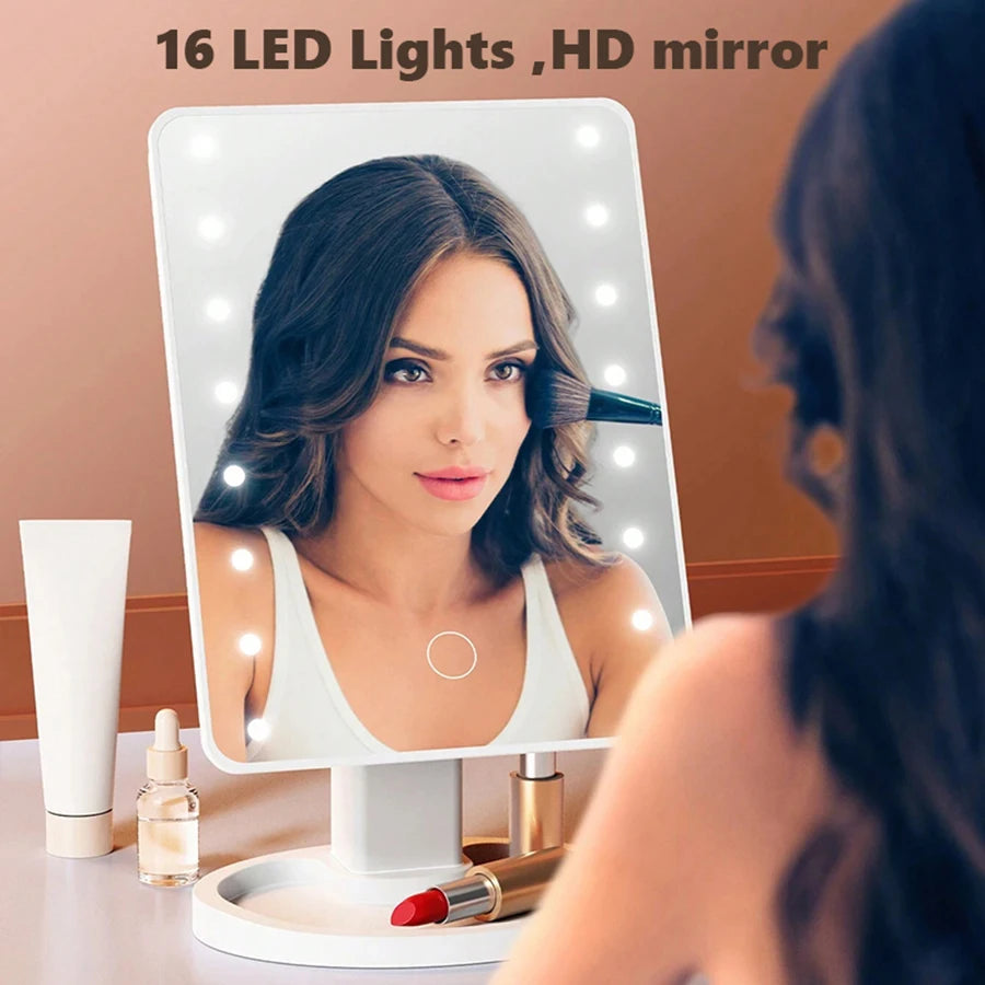 16 LED Light Vanity Mirror with Storage Base - 360° Rotating Touch-Sensitive Desktop Makeup Mirror (Dimmable Lighting)