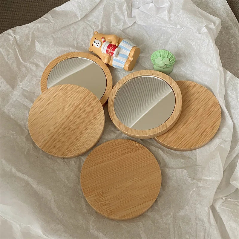 1Pc Pure Wood Cosmetic Mirror Portable Mirror Round Cosmetic Mirror Pocket Compact Mirror for Travel Accessories Beauty Tool