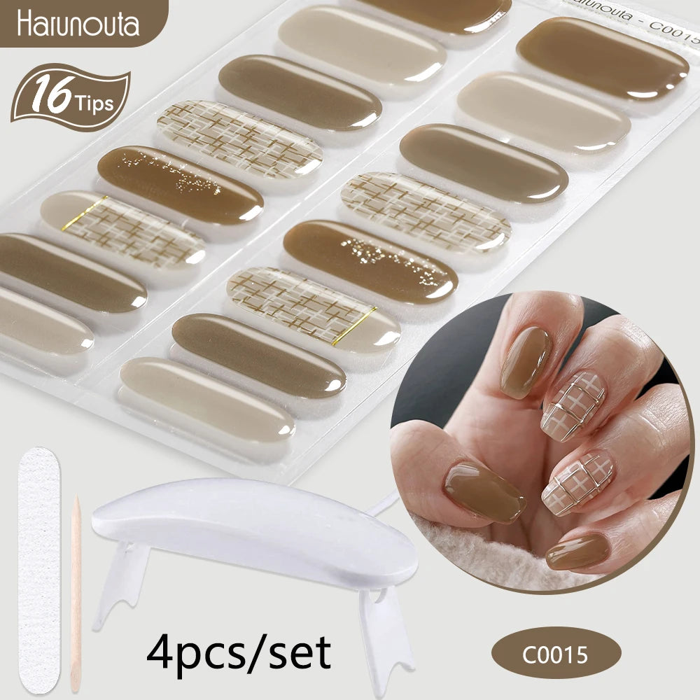 Harunouta 4pcs/set Gradient Jelly Semi Cured Gel Nail Strips with Nail Lamp Nude Pink Waterproof Nail Stickers Long Lasting Wrap