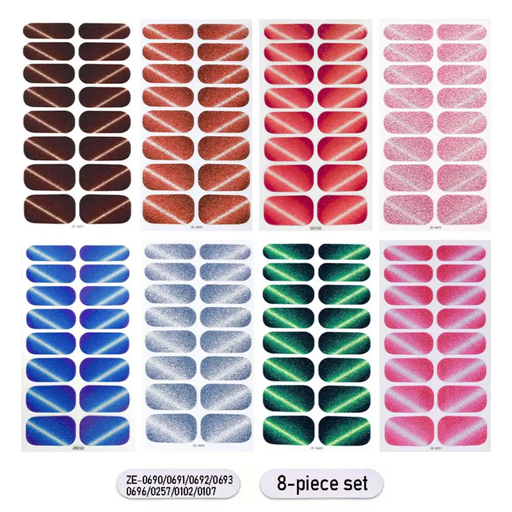 Gradient Cat Eye Style Nail Art Stickers, 16-Piece Set Self-Adhesive Waterproof Glitter False Nail Decals
