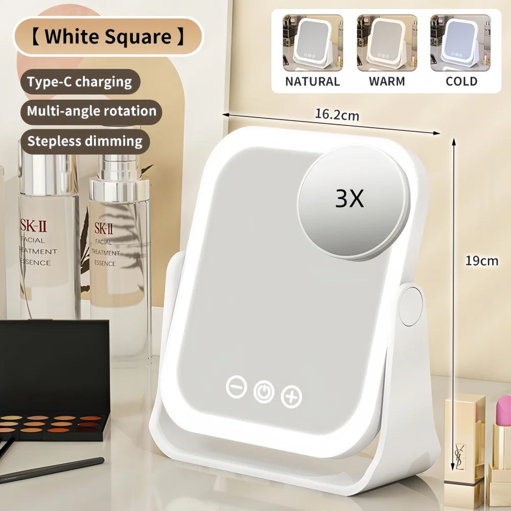 LED Makeup Mirror, Portable Flip Lighted Vanity Mirror with Touch Dimming, 3X Magnifier and Rechargeable Design for Desk