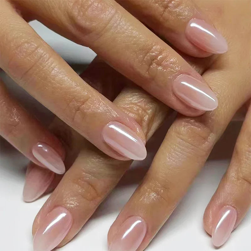 24Pcs Short Oval Head Blush Pink Press on Nails with Simple Designs Almond Nails Wearable Acrylic Full Cover Nail Tips with Glue