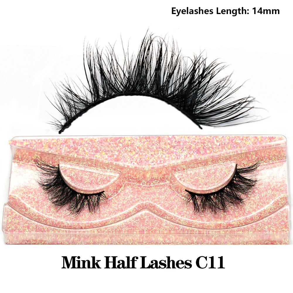 3D Mink Fluffy Half False Eyelashes Natural Soft Lightweight Clear Band Half Eye Strip Lashes Reusable Short Eyelashes Extension