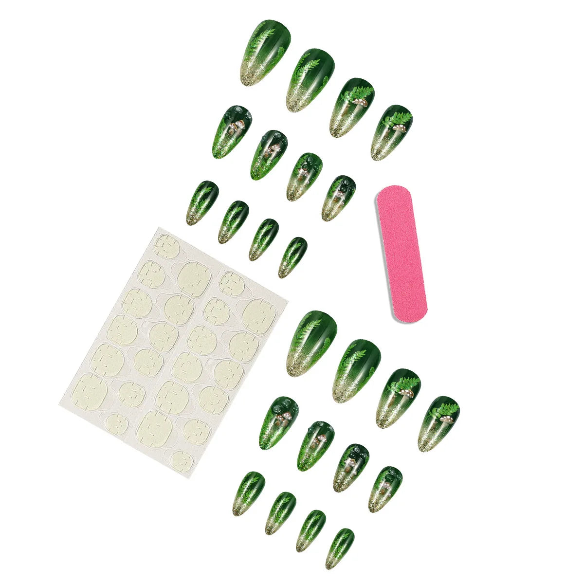 24pcs Glossy Almond False Nails Dark Green Forest Mushroom Pattern Press On Nails Gold Sequins French Style Wearable Fake Nail