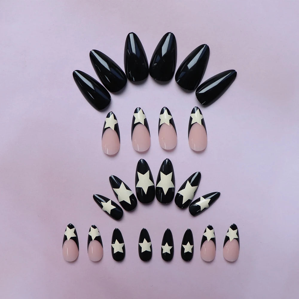 ARTAUG 24PCS Medium Stiletto Pink Black French Tip Press On Nails Star Pattern Glitter Press On Nails