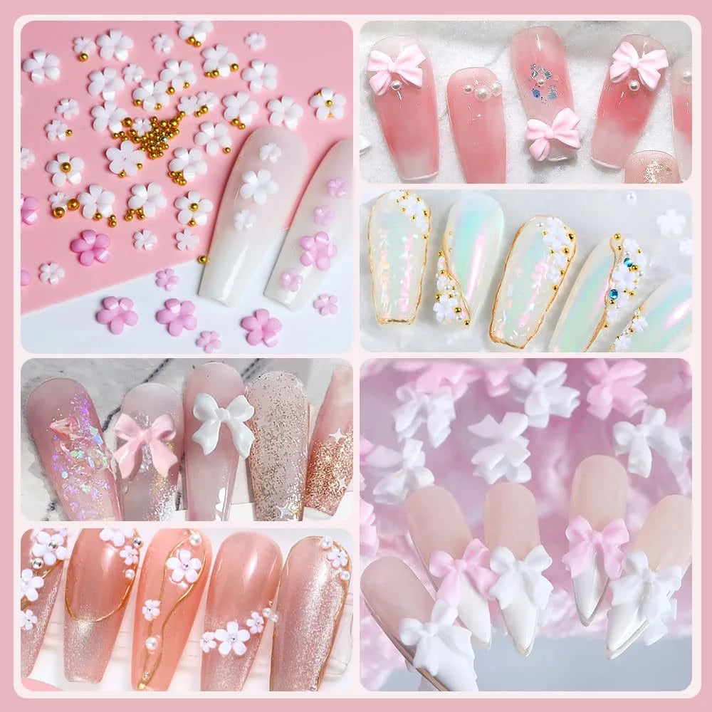 Mixed Acrylic Bowknot 3D Nail Art Decorations Flower Resin Charms Gold Beads Caviar Pearl Mixed Rhinestones Accessories set