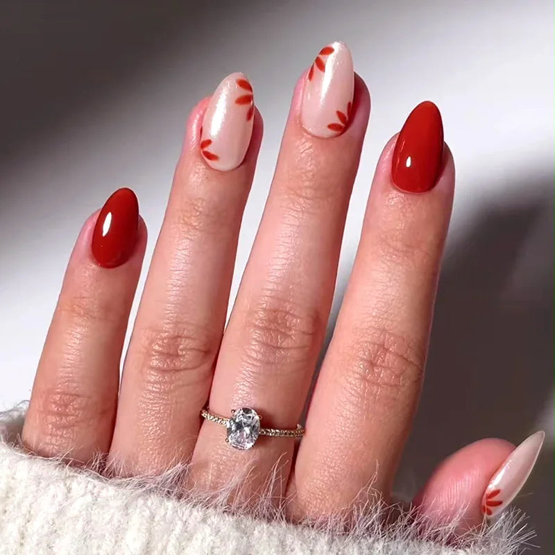 24pcs Red Flower Design Stick on Nail Art French Oval Fake Nail Finished Short Almond False Nails Datachable Press on Nails Tips