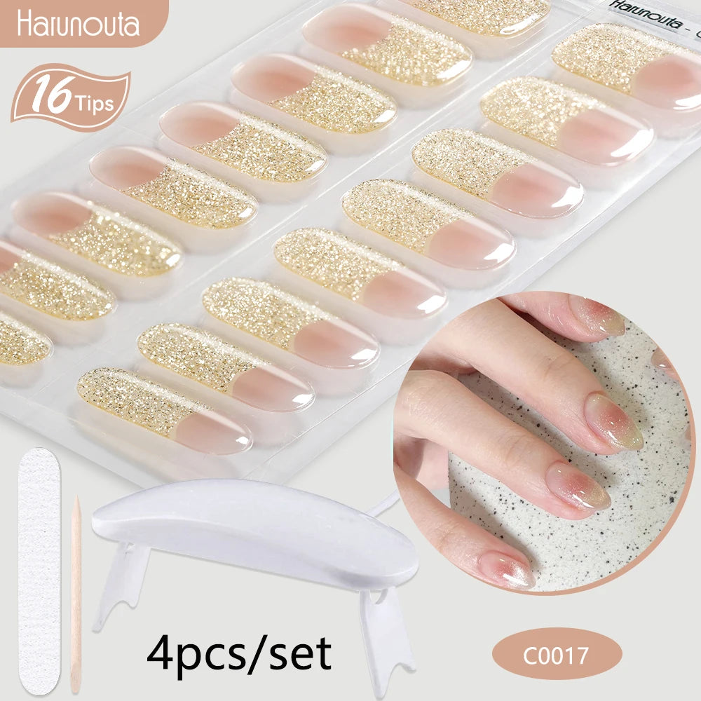 Harunouta 4pcs/set Gradient Jelly Semi Cured Gel Nail Strips with Nail Lamp Nude Pink Waterproof Nail Stickers Long Lasting Wrap