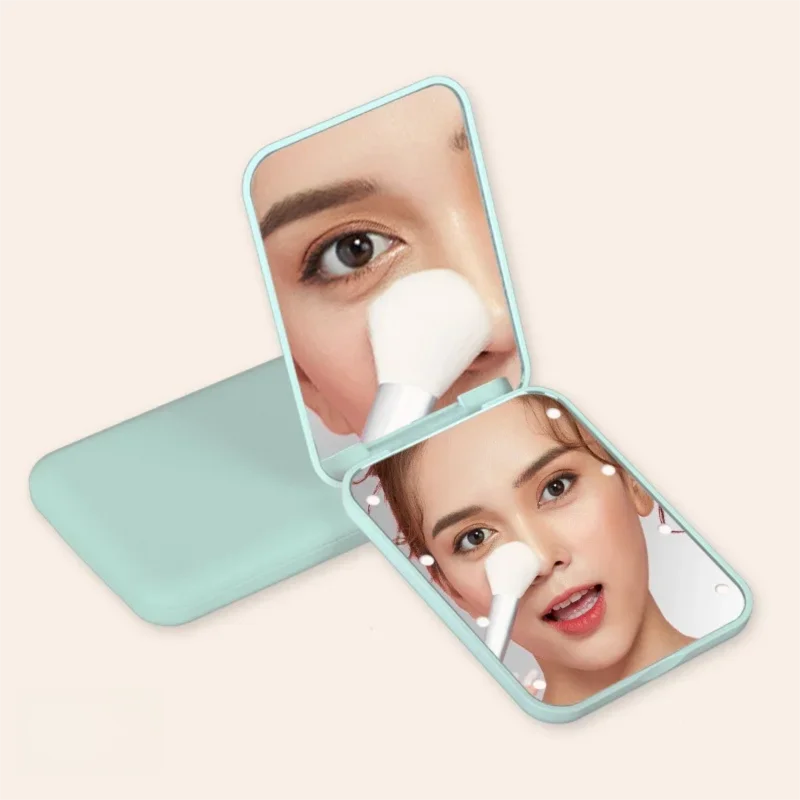Compact Folding Mirror Portable Mini LED Makeup Mirror With 8 LED, 2x Magnification Button Battery Powered