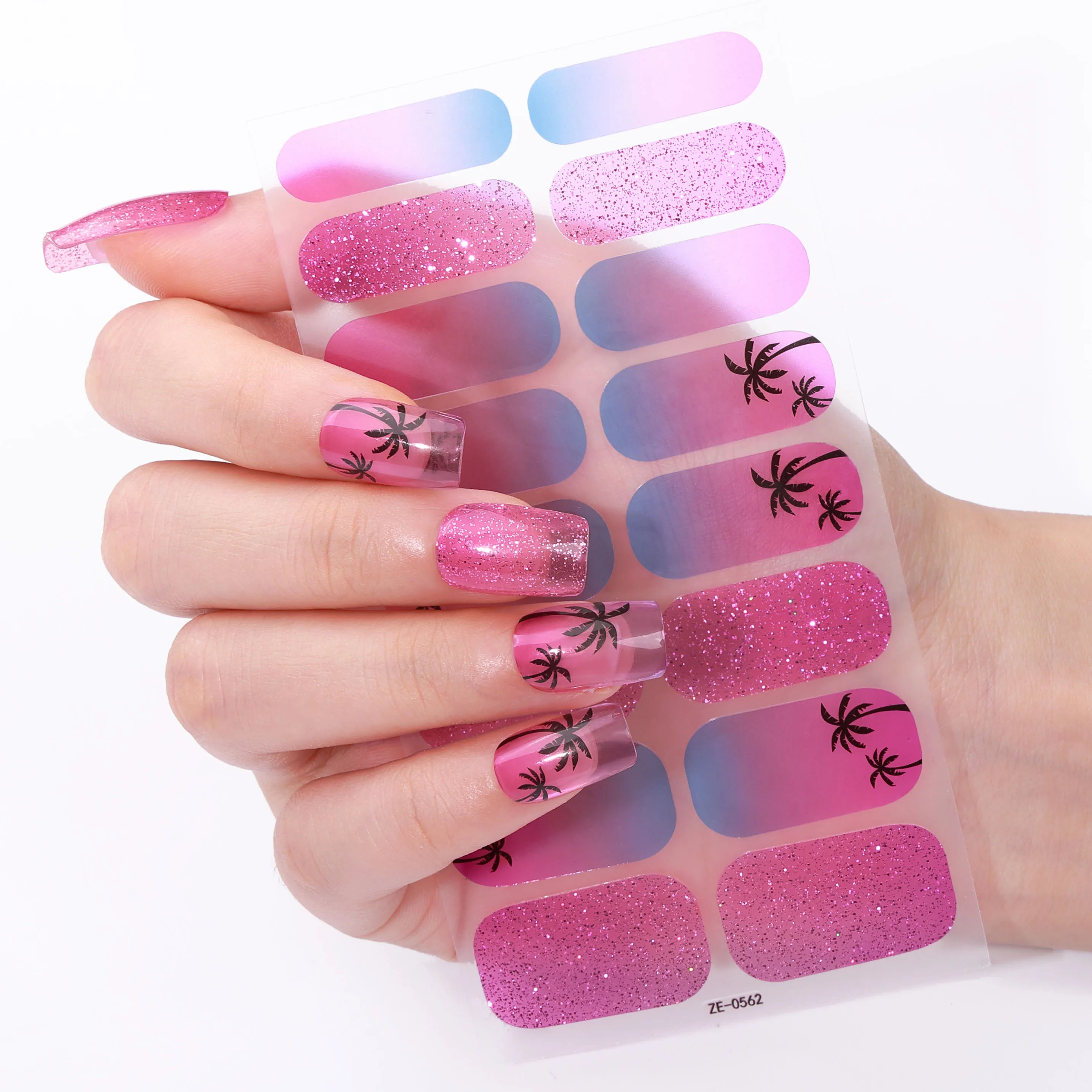 16Tips Full Cover Baking-Free Nail Polish Strips Summer Beach Coconut Tree Self-Adhesive DIY Nail Stickers Manicure Decoration