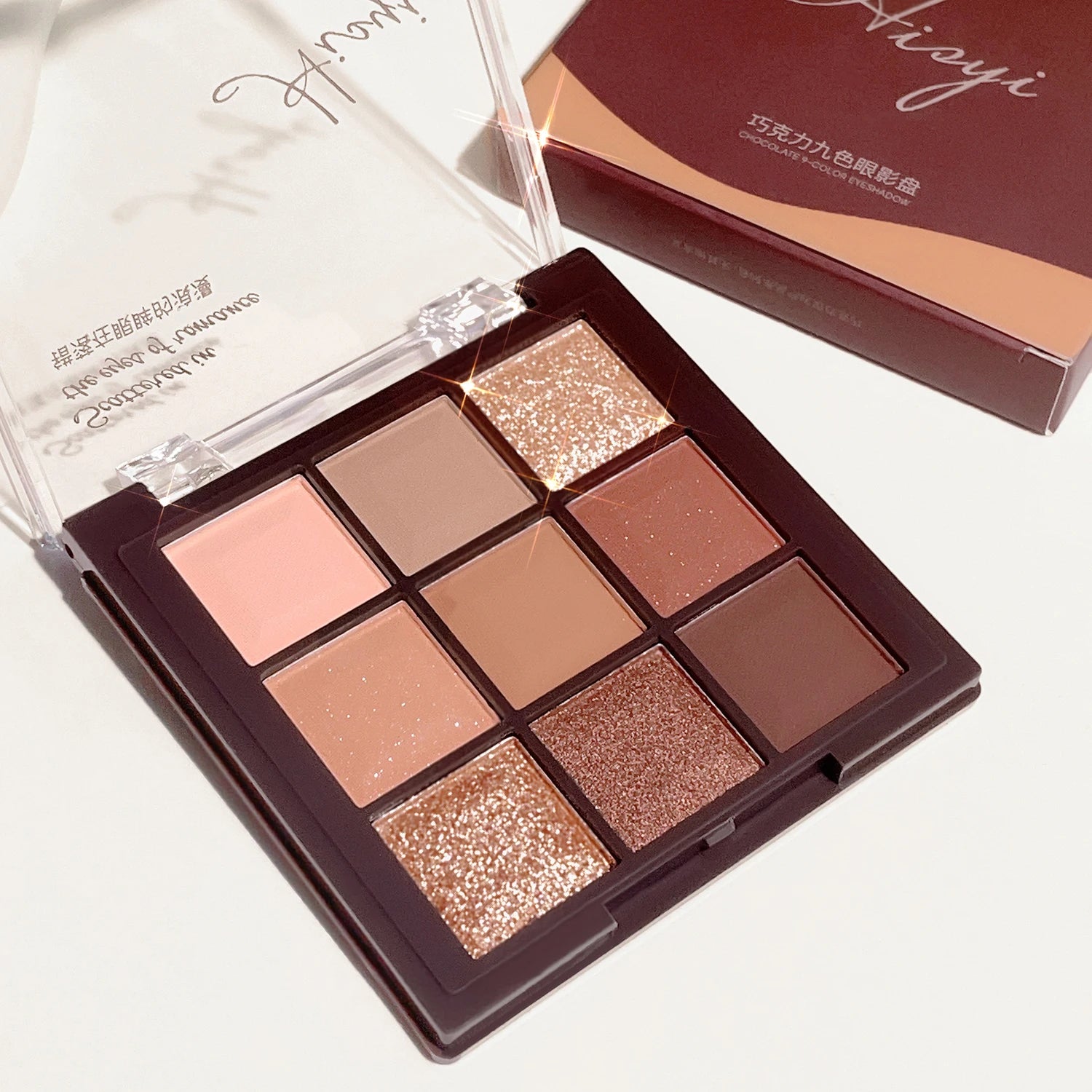 Mocha Chocolate Eyeshadow Palette - 9 brown, nude and gold shades in matte, natural and shimmer finishes, perfect for music fest