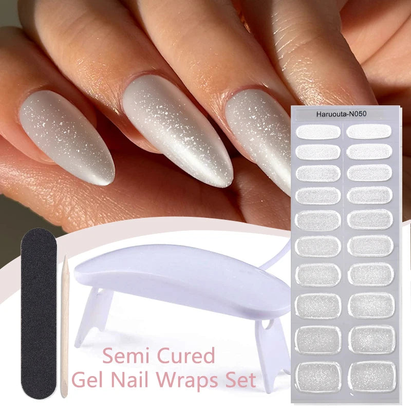 Harunouta 4pcs/set Gradient Jelly Semi Cured Gel Nail Strips with Nail Lamp Nude Pink Waterproof Nail Stickers Long Lasting Wrap
