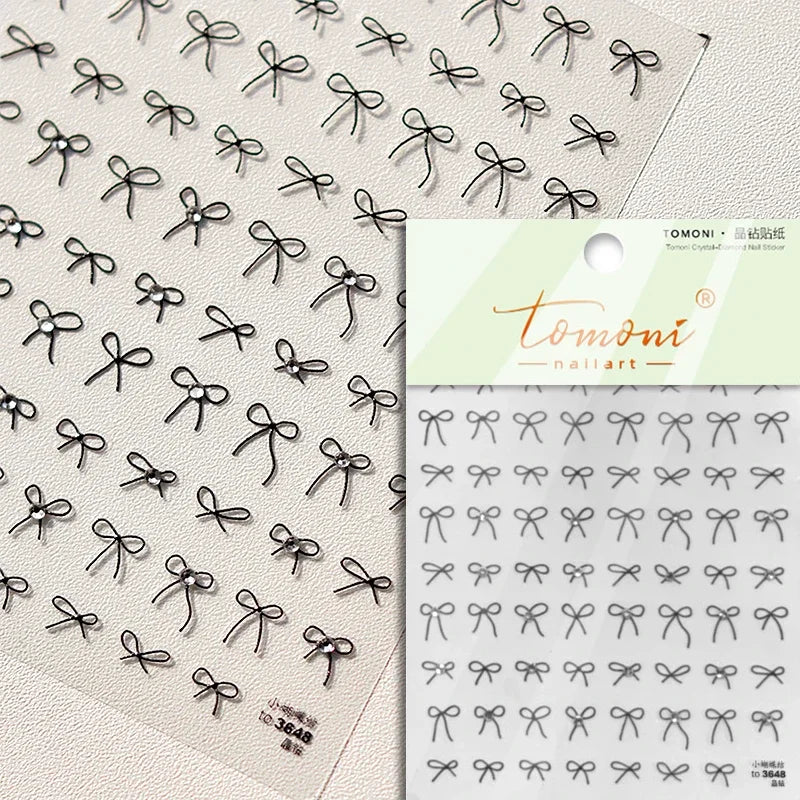 French Leopard Print Bowknot Lace Ribbon Rhinestone Pearl Bow Tie Simple White Black Nail Art Stickers Decoration Manicure Decal
