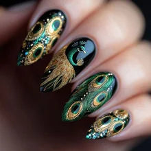 24pcs Glossy Almond False Nails Dark Green Forest Mushroom Pattern Press On Nails Gold Sequins French Style Wearable Fake Nail