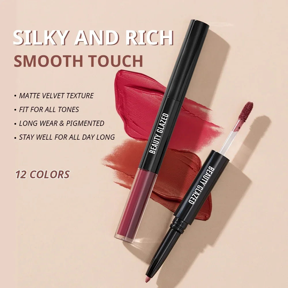 Beauty Glazed 2 In 1 Matte Lipliner Long-Lasting Lipstick Waterproof High Pigment Matte Lip Makeup