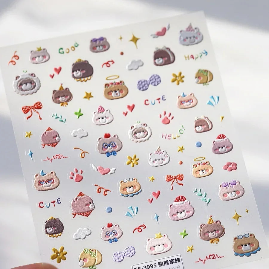 Lovely Animal Graffiti Cat Claw Rabbit Bunny Bear Dog Flower Fruit Dim Sum Candy Sunflower Adhesive 5D Nail Art Stickers Decal