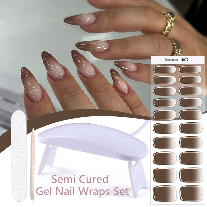 Harunouta 4pcs/set Gradient Jelly Semi Cured Gel Nail Strips with Nail Lamp Nude Pink Waterproof Nail Stickers Long Lasting Wrap