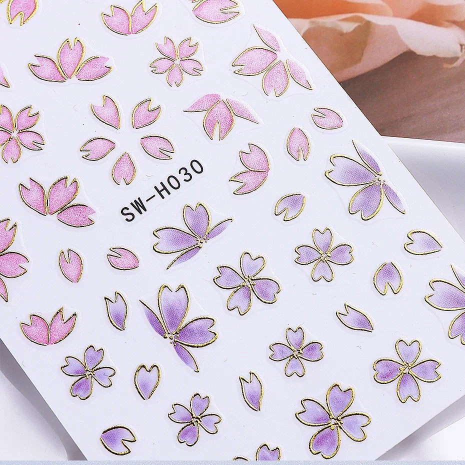 5pcs Metallic Gold Line Flower Nail Stickers 3D Bronzing Border Petals Sakura Leaf Nail Decals Slider DIY Elegant Manicure Decor