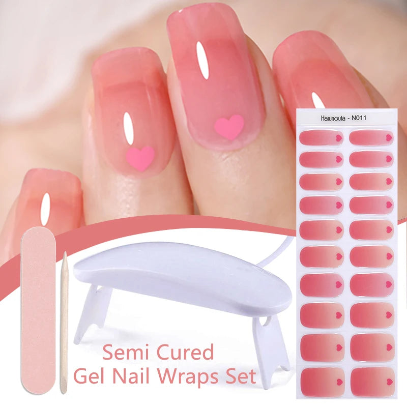 Harunouta 4pcs/set Gradient Jelly Semi Cured Gel Nail Strips with Nail Lamp Nude Pink Waterproof Nail Stickers Long Lasting Wrap
