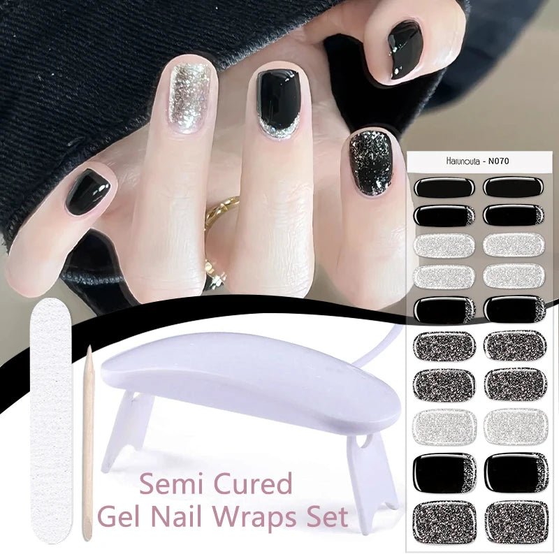 Harunouta 4pcs/set Gradient Jelly Semi Cured Gel Nail Strips with Nail Lamp Nude Pink Waterproof Nail Stickers Long Lasting Wrap