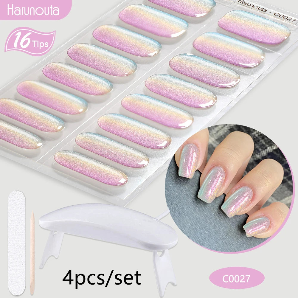 Harunouta 4pcs/set Gradient Jelly Semi Cured Gel Nail Strips with Nail Lamp Nude Pink Waterproof Nail Stickers Long Lasting Wrap