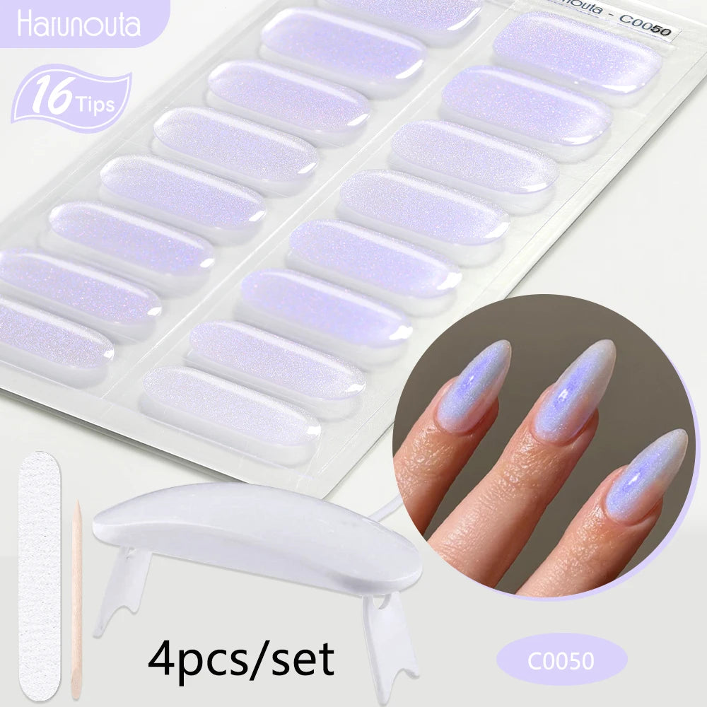 Harunouta 4pcs/set Gradient Jelly Semi Cured Gel Nail Strips with Nail Lamp Nude Pink Waterproof Nail Stickers Long Lasting Wrap
