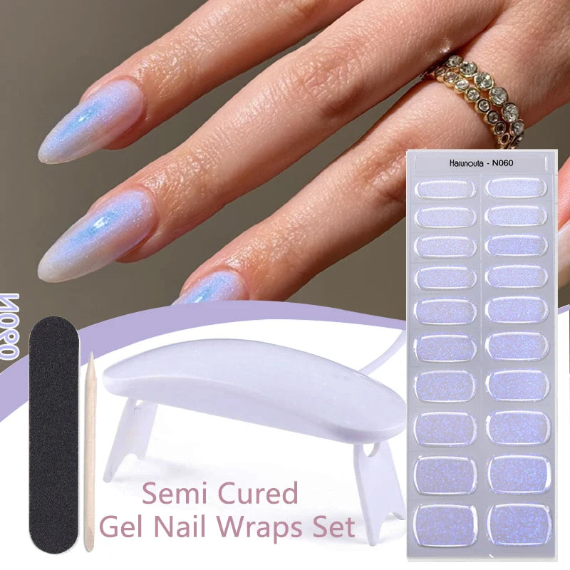 Harunouta 4pcs/set Gradient Jelly Semi Cured Gel Nail Strips with Nail Lamp Nude Pink Waterproof Nail Stickers Long Lasting Wrap