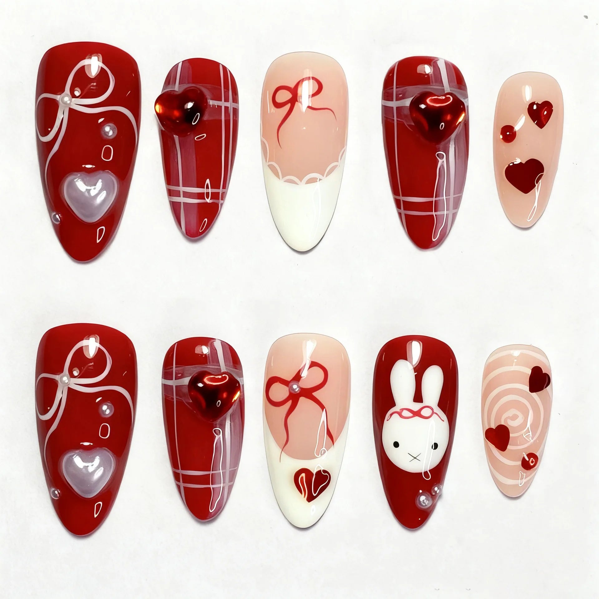 24PCS Wine Red Almond Press on Nails Cartoon Rabbit Bowknot with Plaid Pearl Designs French Fake Nails for Girls Detachable Nail