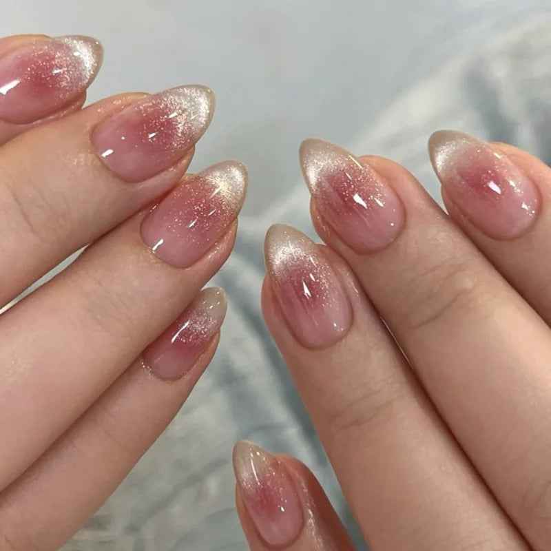 24Pcs Short Oval Head Blush Pink Press on Nails with Simple Designs Almond Nails Wearable Acrylic Full Cover Nail Tips with Glue
