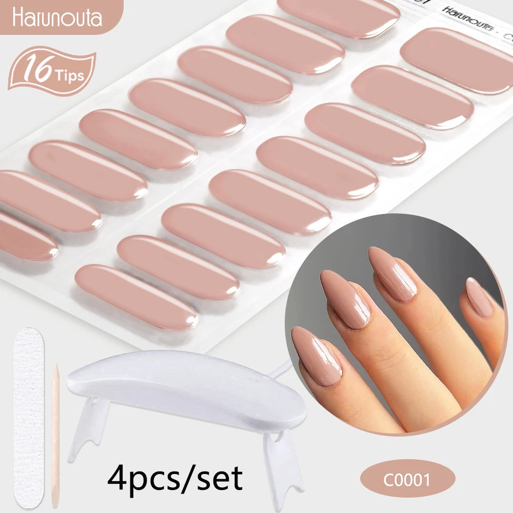 Harunouta 4pcs/set Gradient Jelly Semi Cured Gel Nail Strips with Nail Lamp Nude Pink Waterproof Nail Stickers Long Lasting Wrap