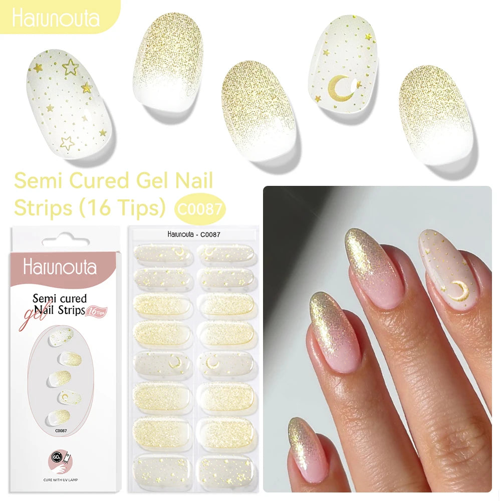 Harunouta 16strips Gradient Red Marble Gold Line Semi Cured Gel Nail Strips DIY Gel Polish Stickers for Nails Work with UV/LED