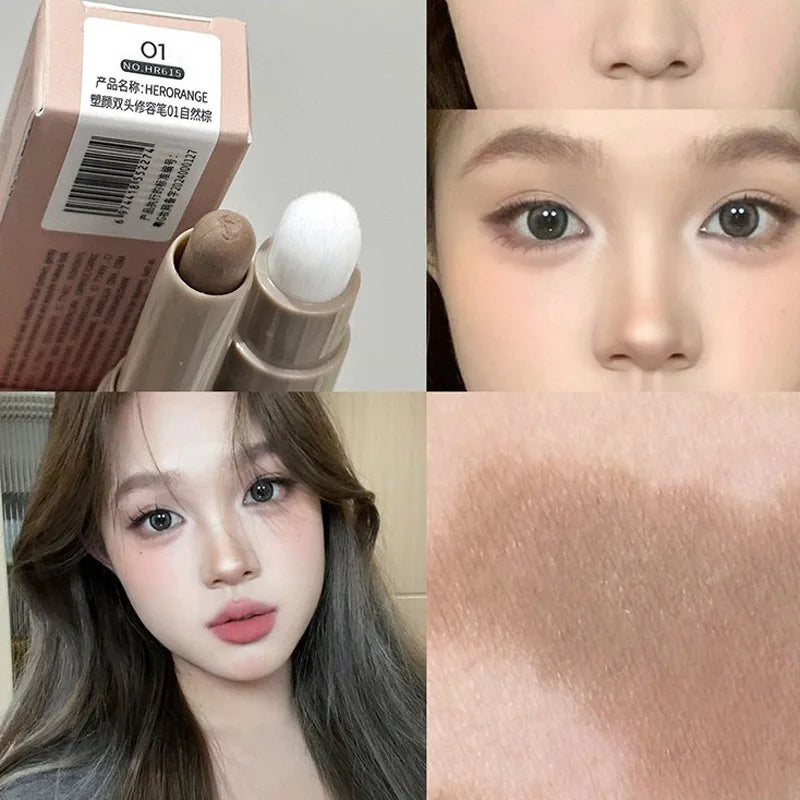 Double Head Contour Stick Bronzer with Brush Face Nose Shadow Cream Contour Pen Waterproof Lasting Contouring Makeup Cosmetics