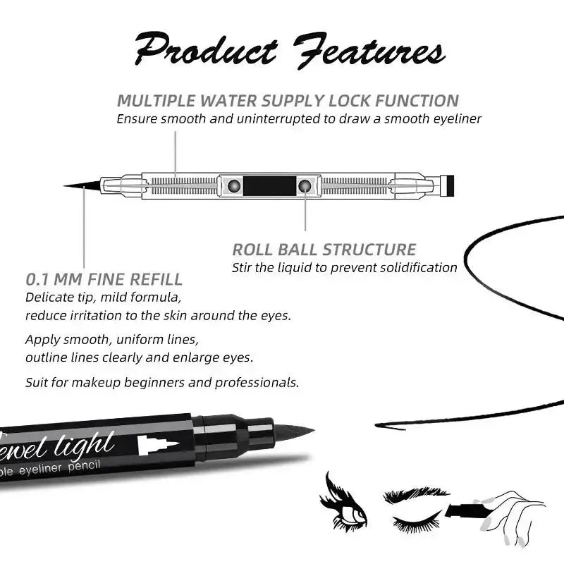 Double Ended Eyeliner With Eye Stamp Liquid Felt Tip Eyeliner Pen Black Waterproof Long Lasting and Smudge Proof Makeup Women