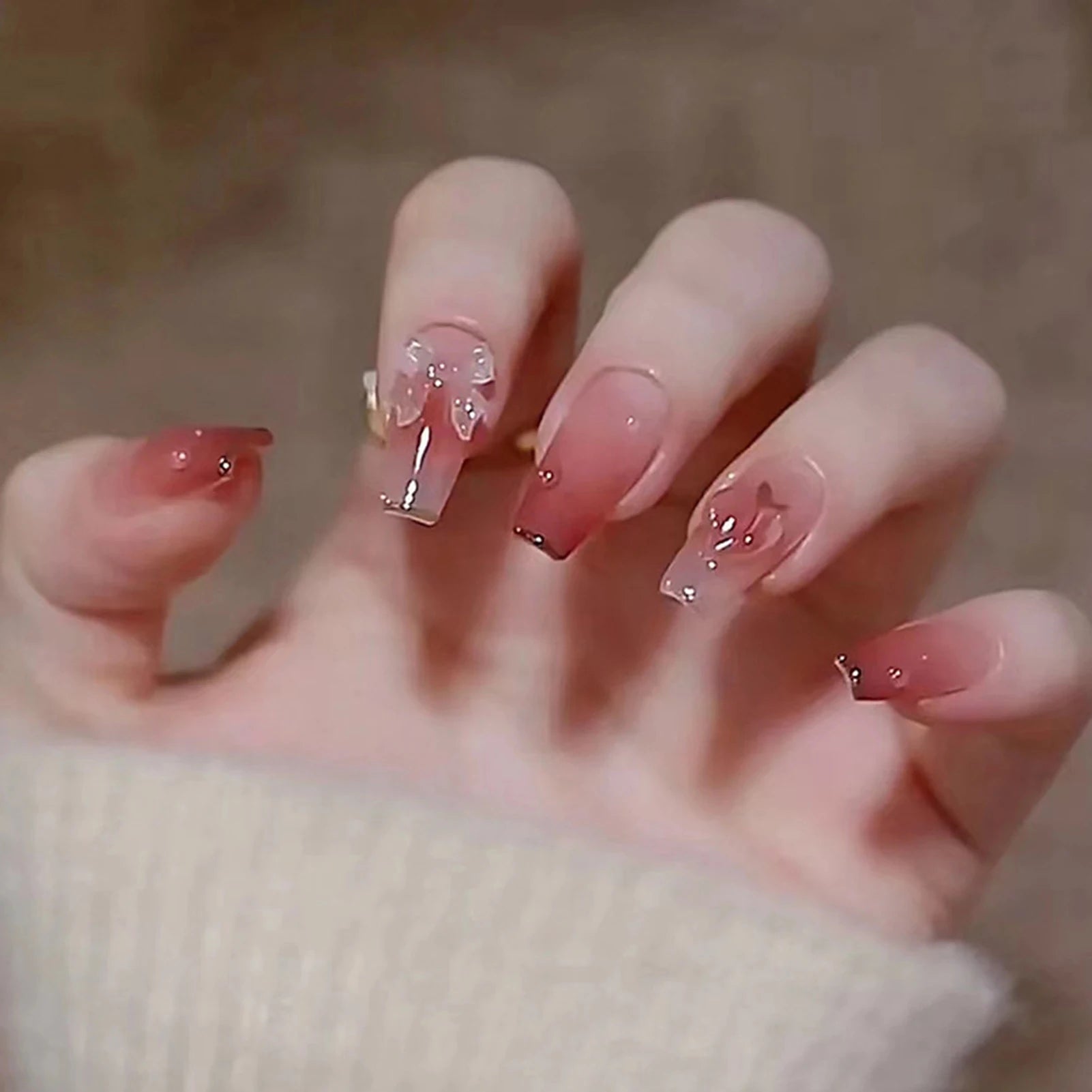 24pcs Chromic Heart Peach Bowknot 3D False Nails Gradient Pink Color Changing Press On Nails Sweet Pink for Women Girls