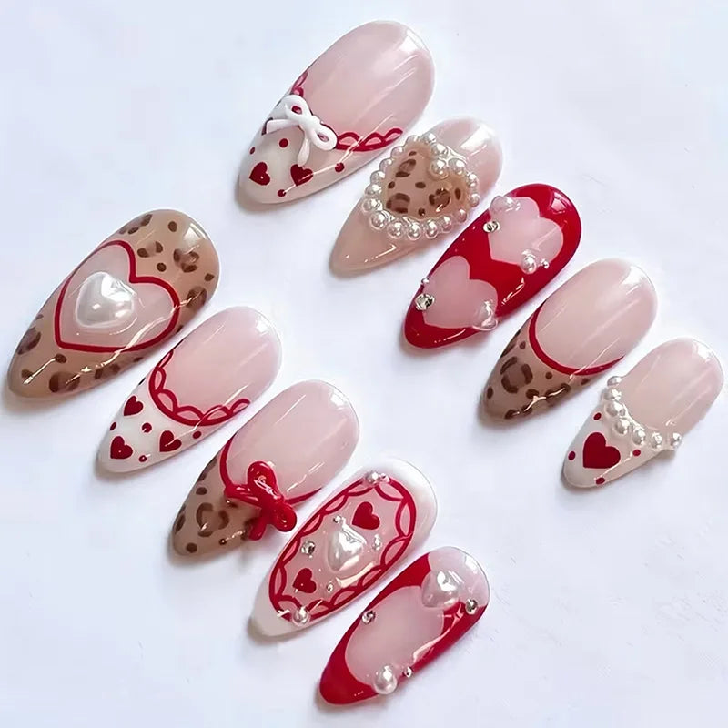 24Pcs 3D Strawberry Rabbit Flower Fake Nails Press on Mid-length Almond Wearable False Nails Green Gradient Pearl Manicure Tips