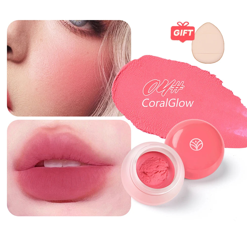6 color optional Mousse texture powder blusher cream delicate, and has a lasting matte velvet rouge. gift A finger powder puff
