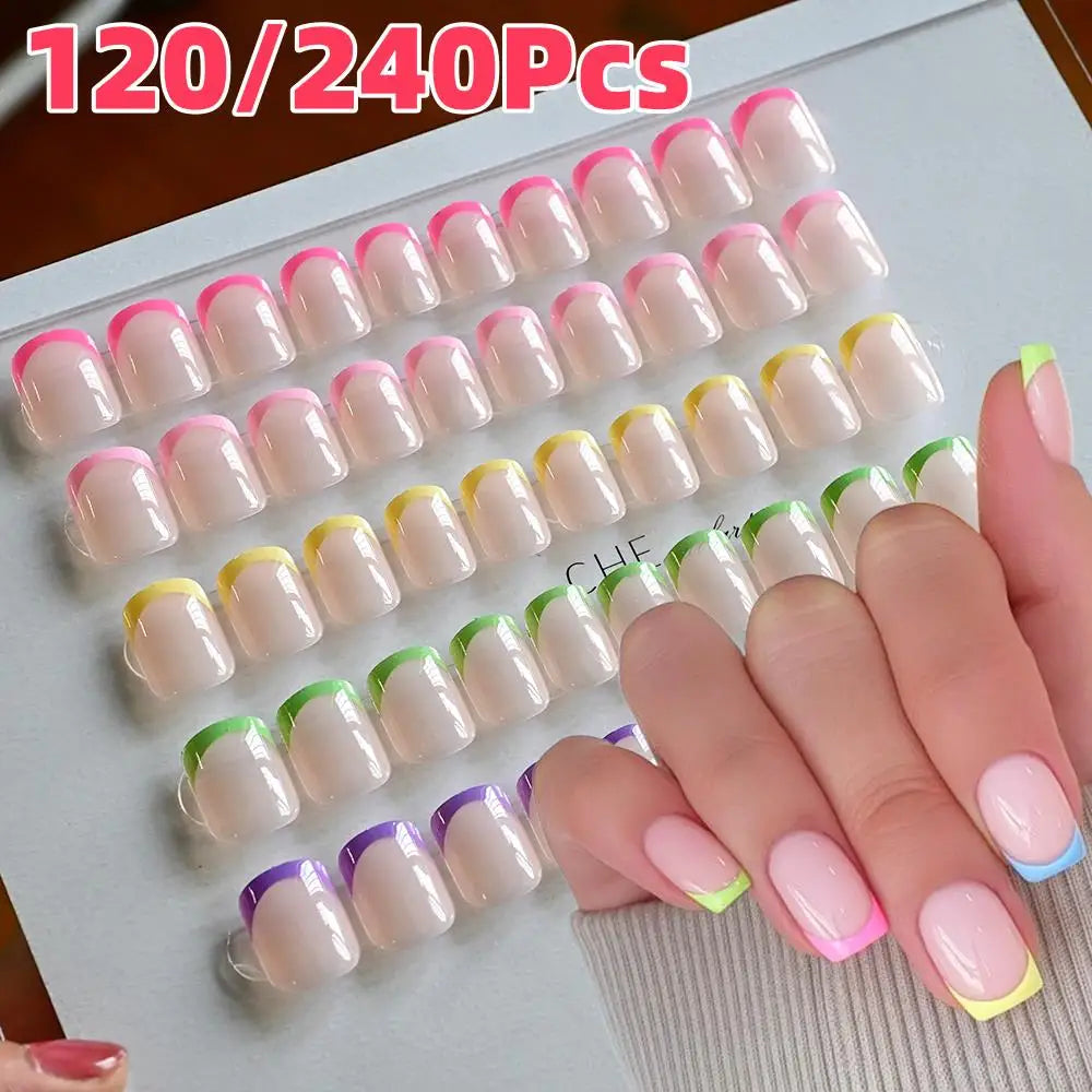 120/240Pcs French Short Square False Nails 12-Sizes Full Cover Press On Nail Glossy French Fake Fingertips for Women DIY Nails &