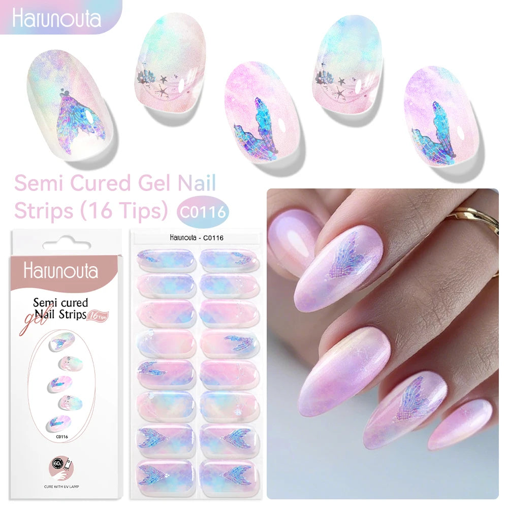 Harunouta 16strips Gradient Red Marble Gold Line Semi Cured Gel Nail Strips DIY Gel Polish Stickers for Nails Work with UV/LED