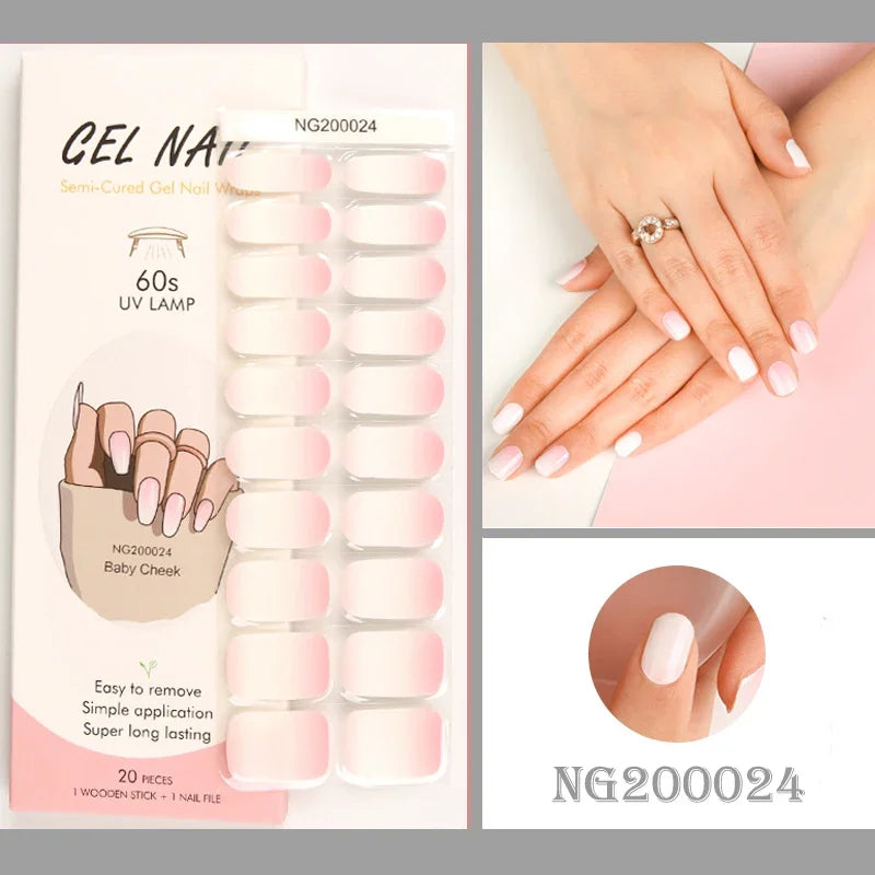 16/20Tips Semi-Cured Nail Wraps Simple Color Adhesive Full Cover Stickers for Nails UV Lamp Need Press On Nails DIY Manicure