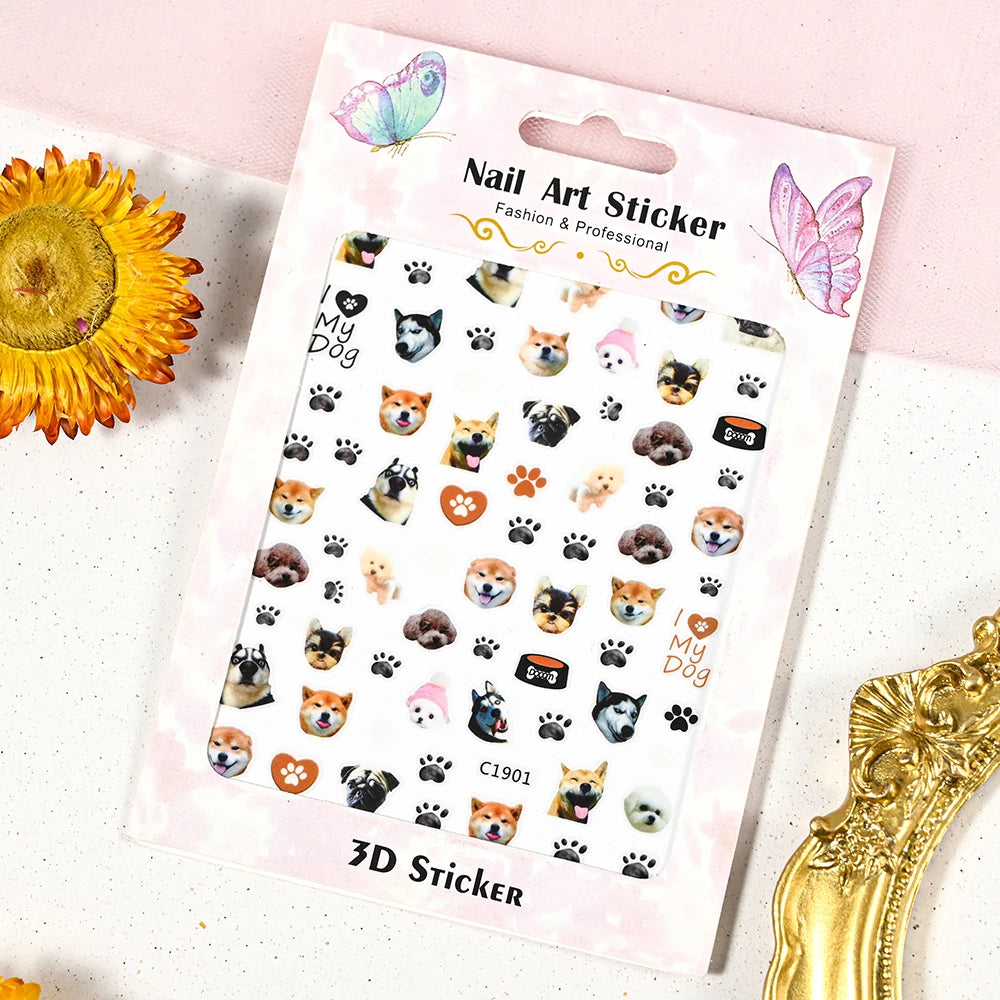 Lovely Cat Nail Decals 3D Animal Cartoon Dog Scrawl Relief Self Adhesive Nail Art Stickers Cute Puppy Kitty Y2K Nails Decoration