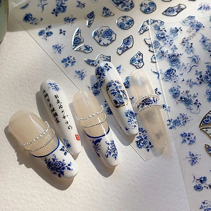 Blue White Porcelain Chinese Style Sticker 3D Self Adhesive Nail Art Sticker Flower Silverback Adhesive Manicure Decal Salon DIY