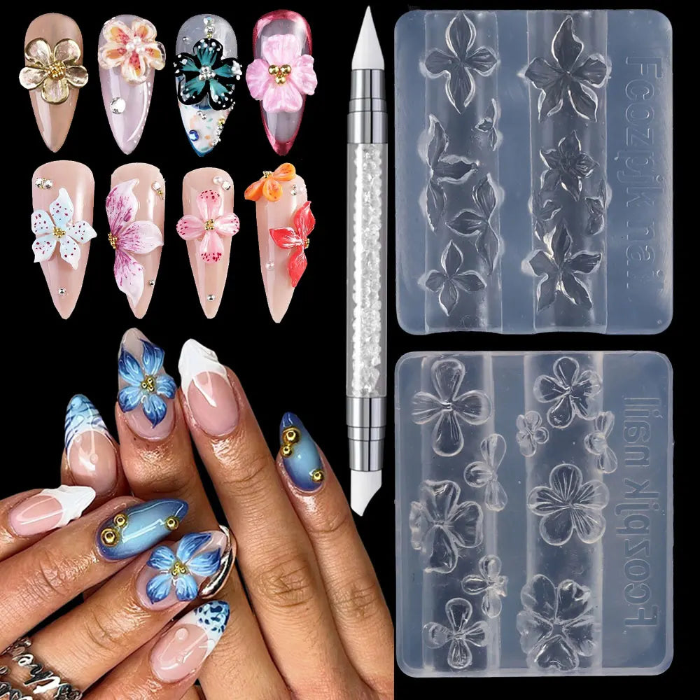 2/3pcs Relief Lily Flowers Nail Carving Mold 3D Silicone Hibiscus Flowers Petals Modeling Templates Clear Resin Epoxy Nail Tools
