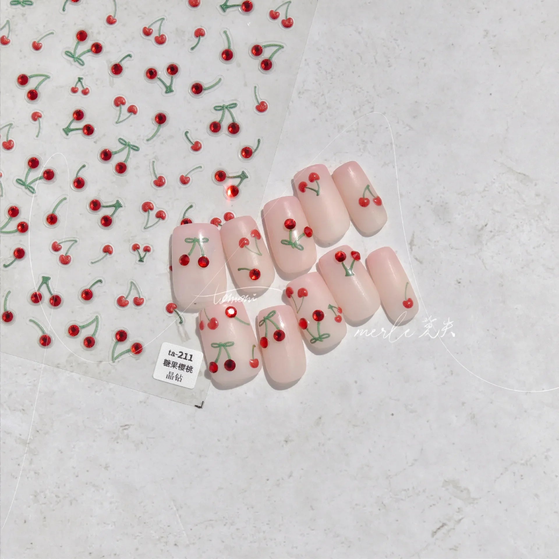 Cute Juicy Red Cherry Bowknot 5D Nail Art Stickers Lovely Shiny Crystal Rhinestone Self Adhesive Decoration Manicure Decal DIY